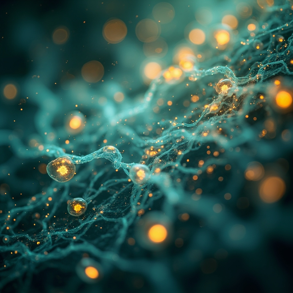 A high-quality, serene image showing a glowing, abstract representation of neural pathways and cellular structures in soft teal and warm gold light.