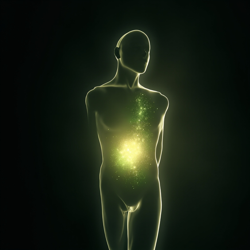 A calming, artistic representation of the human silhouette with a glowing, vibrant energy center around the upper right abdomen, symbolizing liver vitality and balance.