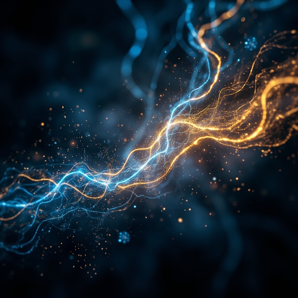 A high-quality, calming image of a glowing, abstract network of light representing the connection between the mind and the digestive system, soft blue and gold tones.