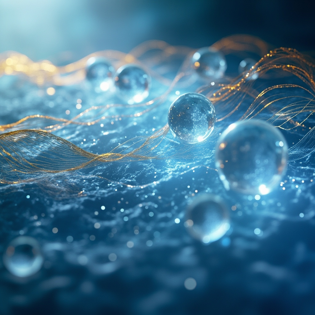 A high-quality, abstract digital art piece representing cellular harmony and frequency waves in soft, calming blue and gold tones.