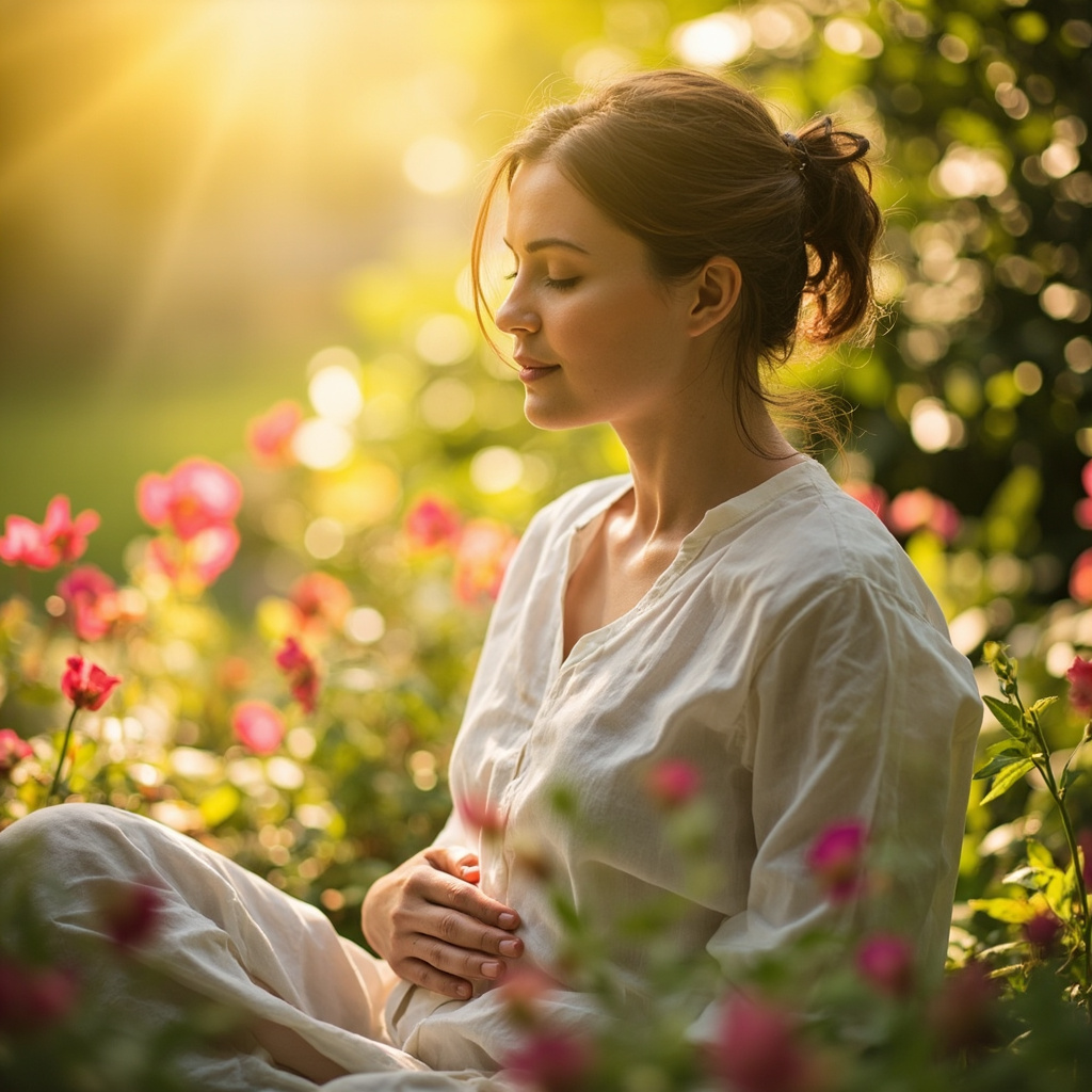 A realistic, soft-focus image of a person sitting peacefully in a sunlit garden, holding their abdomen gently with a look of relief, representing internal balance and digestive calm.