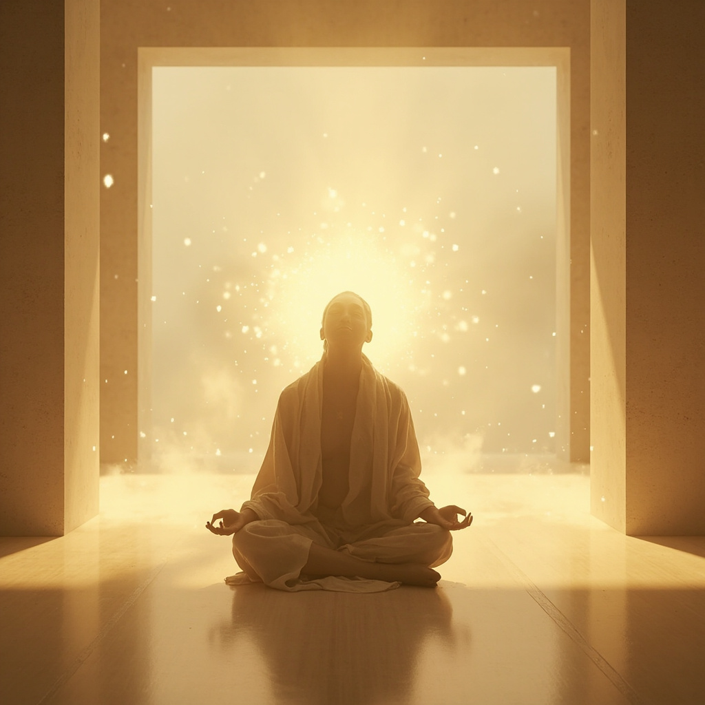 A high-quality, calming image of a person sitting in a quiet, modern room, with a soft, glowing light representing inner balance and harmony.