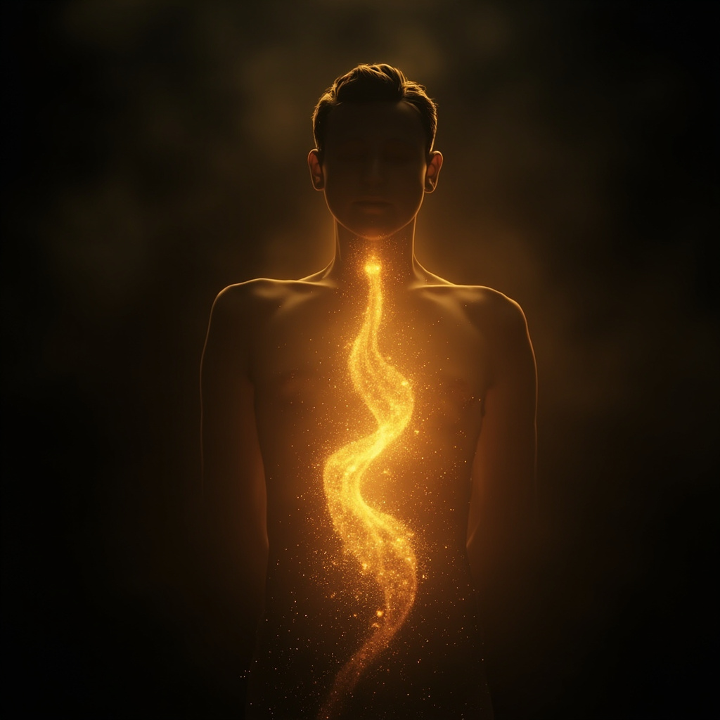 A serene, abstract digital art piece showing a glowing, golden energetic flow moving smoothly through the center of a human silhouette, representing digestive harmony and emotional release.