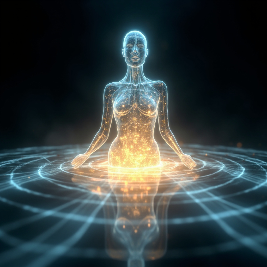 A serene, abstract digital art piece showing a glowing human silhouette in a state of harmonic resonance, with soft waves of light representing energy flow and cellular balance.