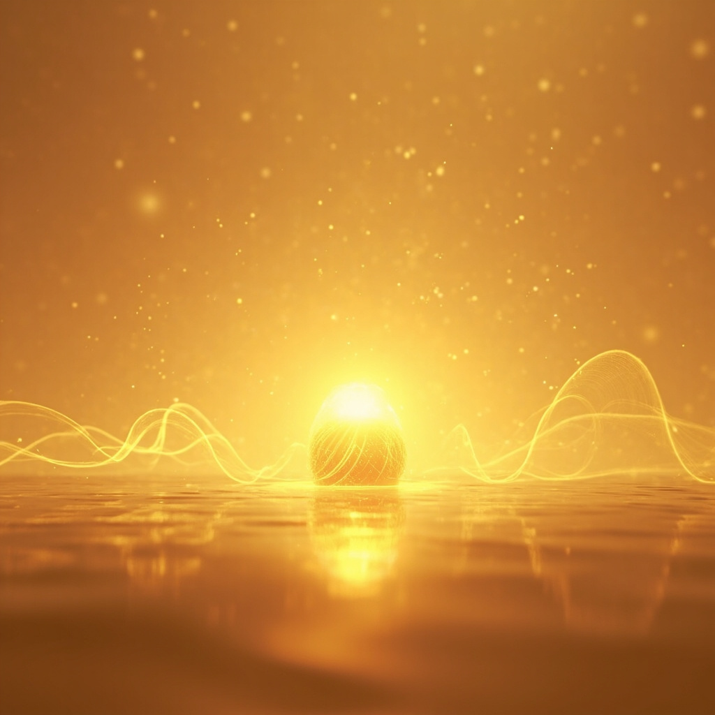 A high-quality, calming image of a stylized, glowing golden energy center located in the mid-abdomen area, surrounded by soft, flowing light representing the meridian path, set against a clean, minimalist background.