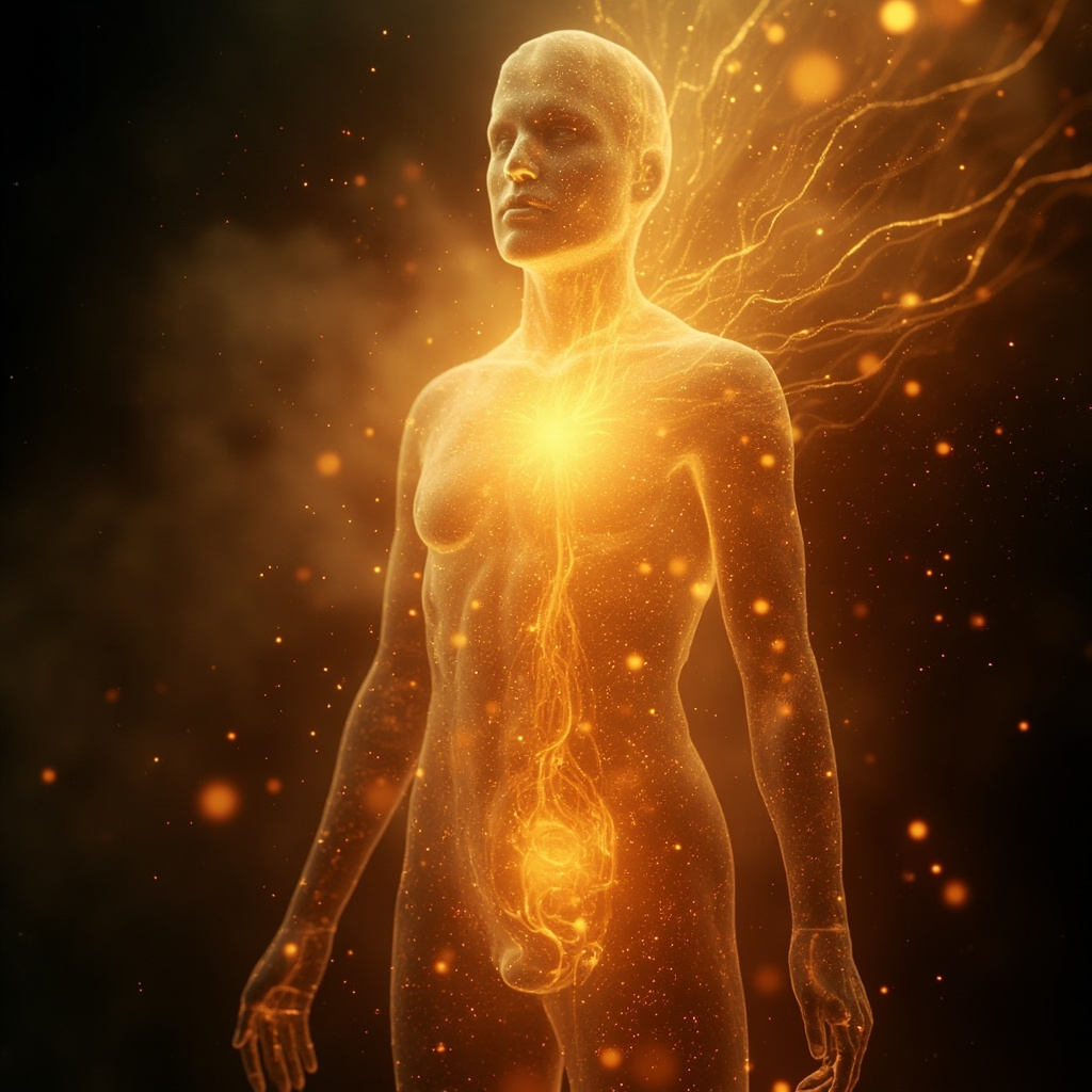 A soft-focus, ethereal image representing the flow of light and energy within the human body, with warm golden and orange tones, symbolizing the solar plexus and spleen area.