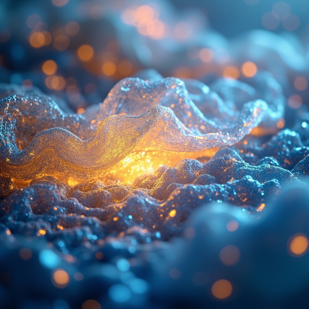 A high-quality, abstract digital art piece showing a soft, glowing, protected biological membrane or tissue lining, with warm golden and blue light, symbolizing healing and inner strength.