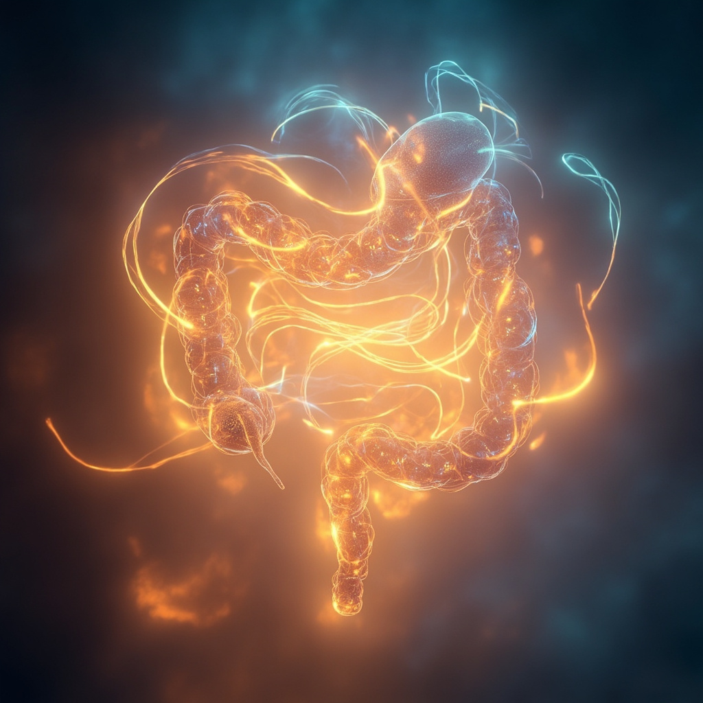 A calm, abstract visualization of a glowing, healthy digestive pathway in harmony with soft, fluid light frequencies.