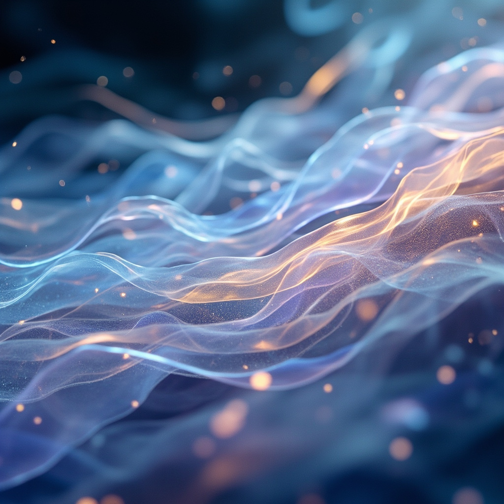 A serene, abstract visualization of light waves interacting with cellular structures, symbolizing harmony and restoration.