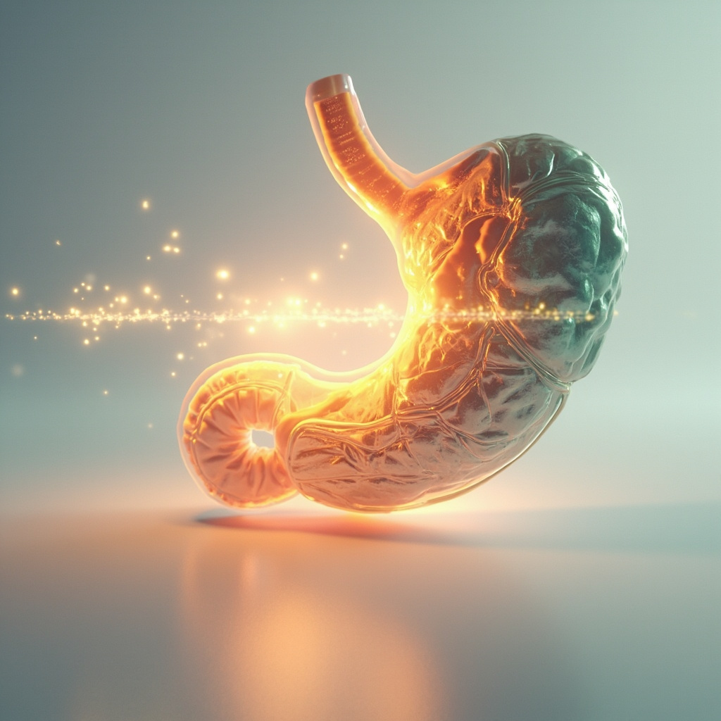 A high-quality, professional 3D medical visualization showing the pyloric region of the stomach with a glowing, harmonious light effect representing energy balance, clean background, soft lighting.