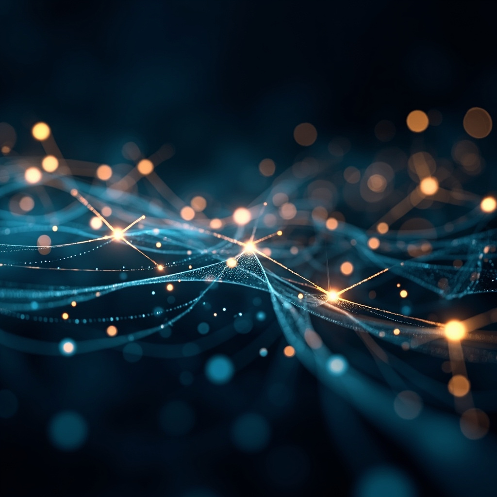 A serene, abstract visualization of a glowing, balanced neural network pulse, soft blue and golden light, high resolution, professional, calm aesthetic.