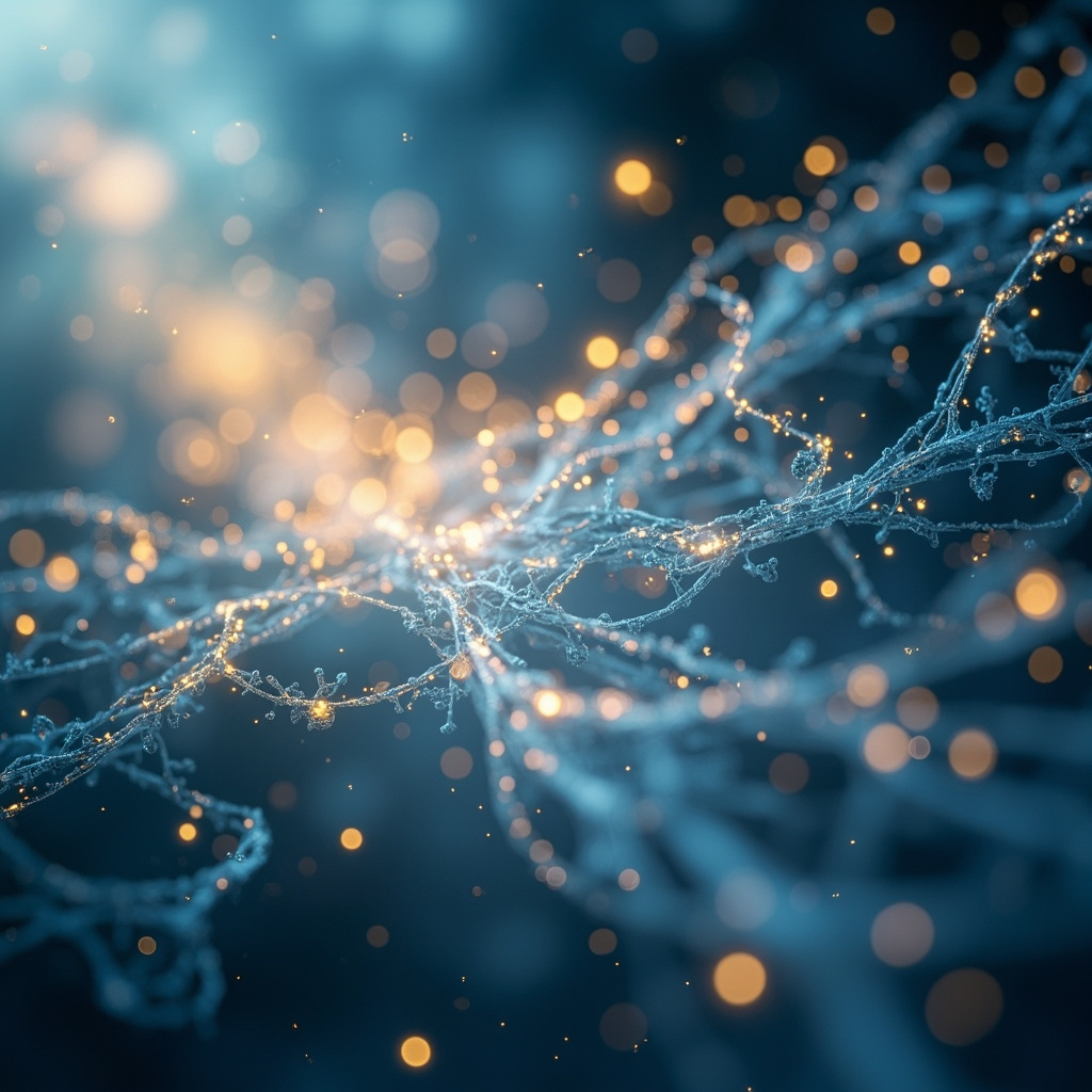 A calm, abstract visualization of glowing neural pathways and biochemical structures in soft blue and gold light, representing internal balance.