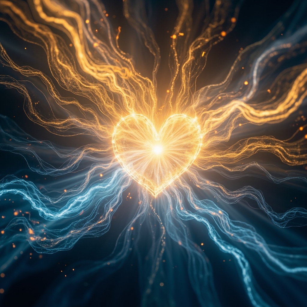 A high-quality, abstract visualization of a glowing, radiant heart center with soft, flowing golden and blue light waves representing electrical harmony and vitality.