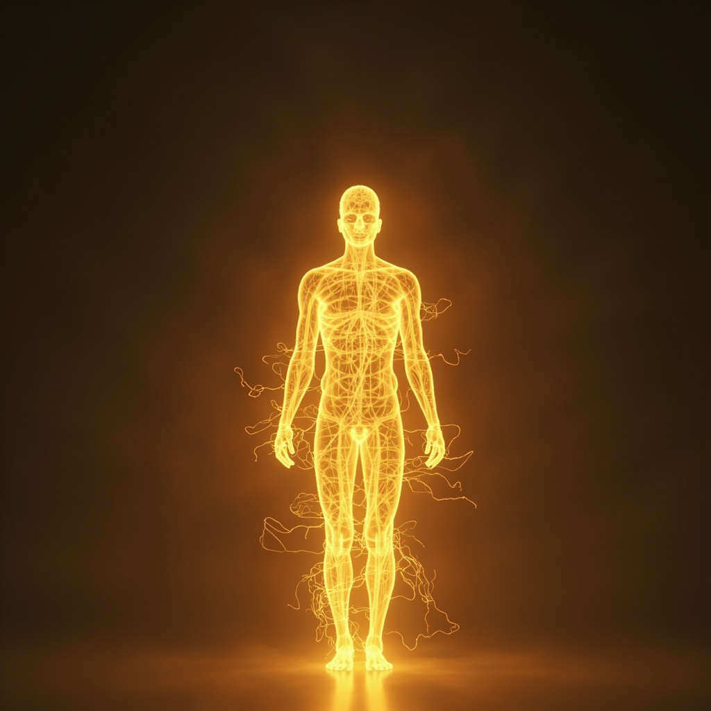A serene, abstract visualization of glowing light pathways flowing through a human silhouette, representing energy and fluid movement.