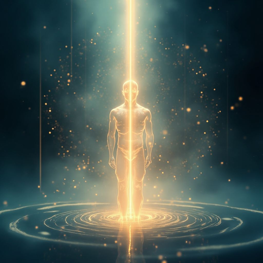A soft, abstract visualization of a glowing central light channel running through a human silhouette, surrounded by calm, harmonious geometric patterns in soothing blue and gold tones.
