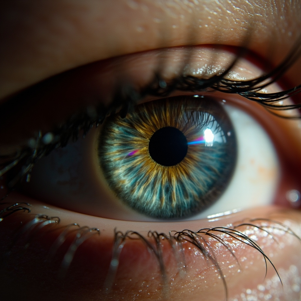 A high-quality, serene photograph of a human eye with a soft, prismatic light flare reflecting in the pupil, symbolizing clarity and insight, minimalist and professional style.