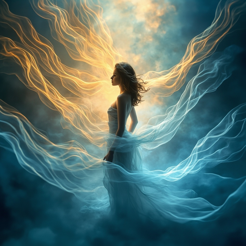 A serene, abstract representation of light waves harmonizing with a human silhouette, soft blue and golden tones, professional and calming aesthetic.