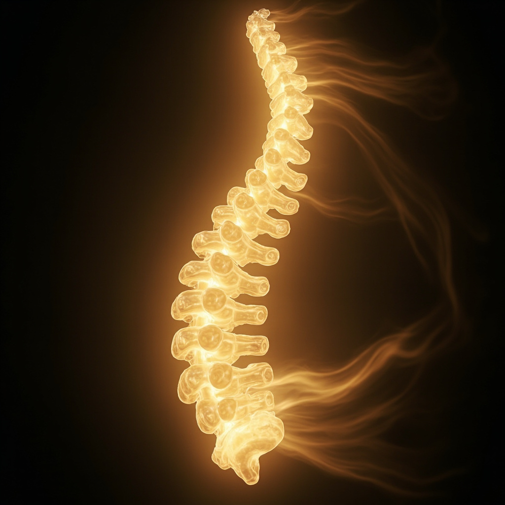 A serene, abstract representation of the human spine glowing with soft, golden light, symbolizing energy flow and emotional release.