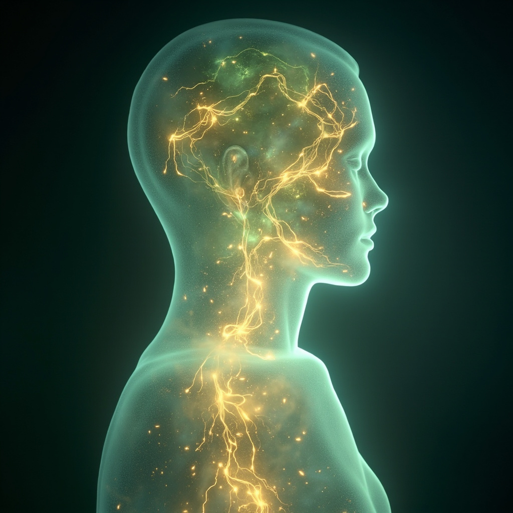 A soft, artistic representation of a balanced, glowing internal ecosystem, with gentle light patterns flowing through a human silhouette, symbolizing harmony and health.