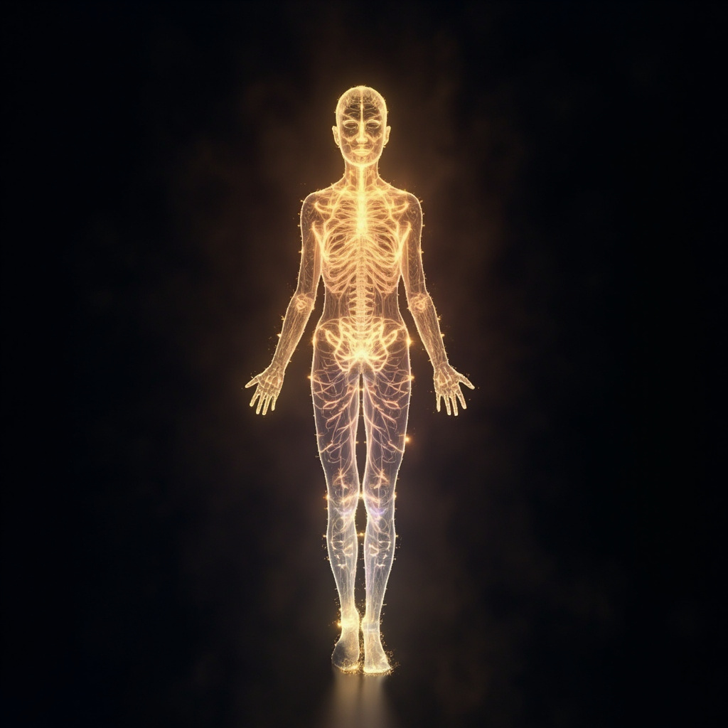A soft, artistic depiction of a human silhouette glowing with subtle, harmonious light patterns, representing the intersection of biology and energy fields.