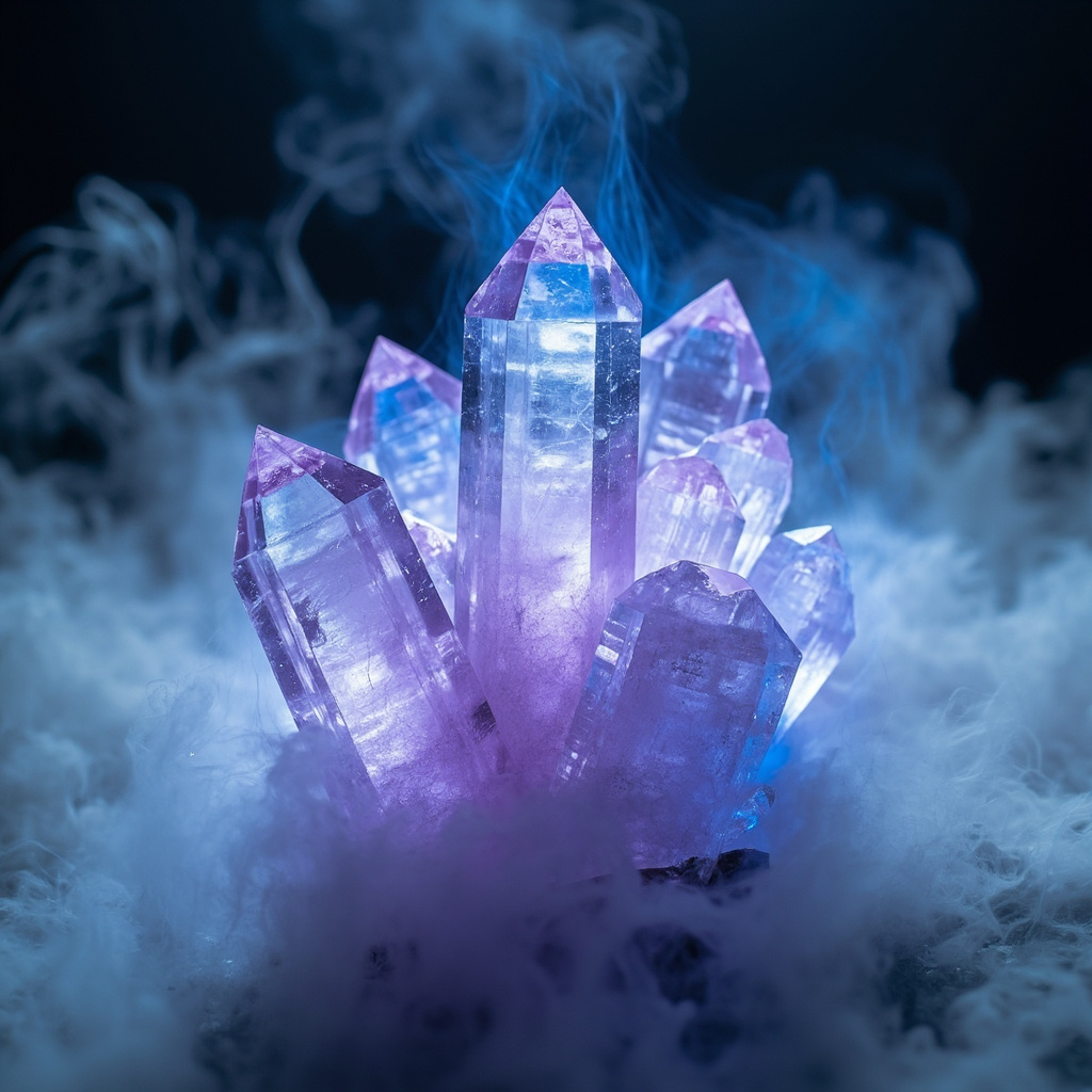 A translucent quartz crystal cluster glowing with soft purple and blue ethereal waves symbolizing alpha and theta brain frequencies, set against a serene misty background evoking calm energy healing for anxiety relief.