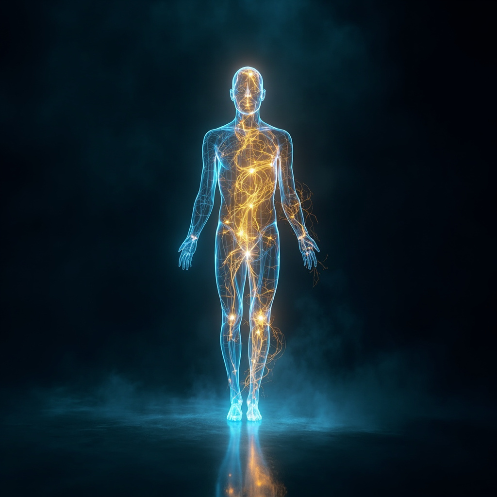 A serene, abstract visualization of glowing golden and blue energy lines harmonizing within a human silhouette, soft lighting, professional and calming aesthetic.
