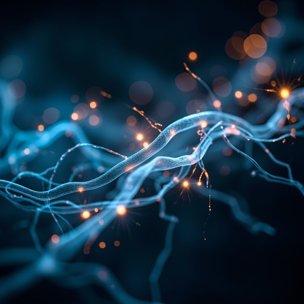 A serene, abstract visualization of glowing neural pathways connecting to human muscle silhouettes, soft blue and golden light, high quality, professional photography style.