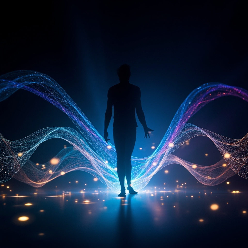 A serene, abstract visualization of light frequencies interacting with a human silhouette, representing energy balance and clarity.