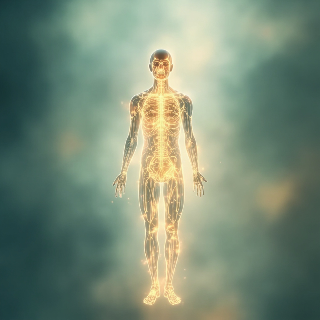 A high-quality, serene, and abstract illustration showing a glowing, gentle network of light pathways spreading through a human silhouette, representing the lymphatic system in a soft, healing, and harmonious environment.