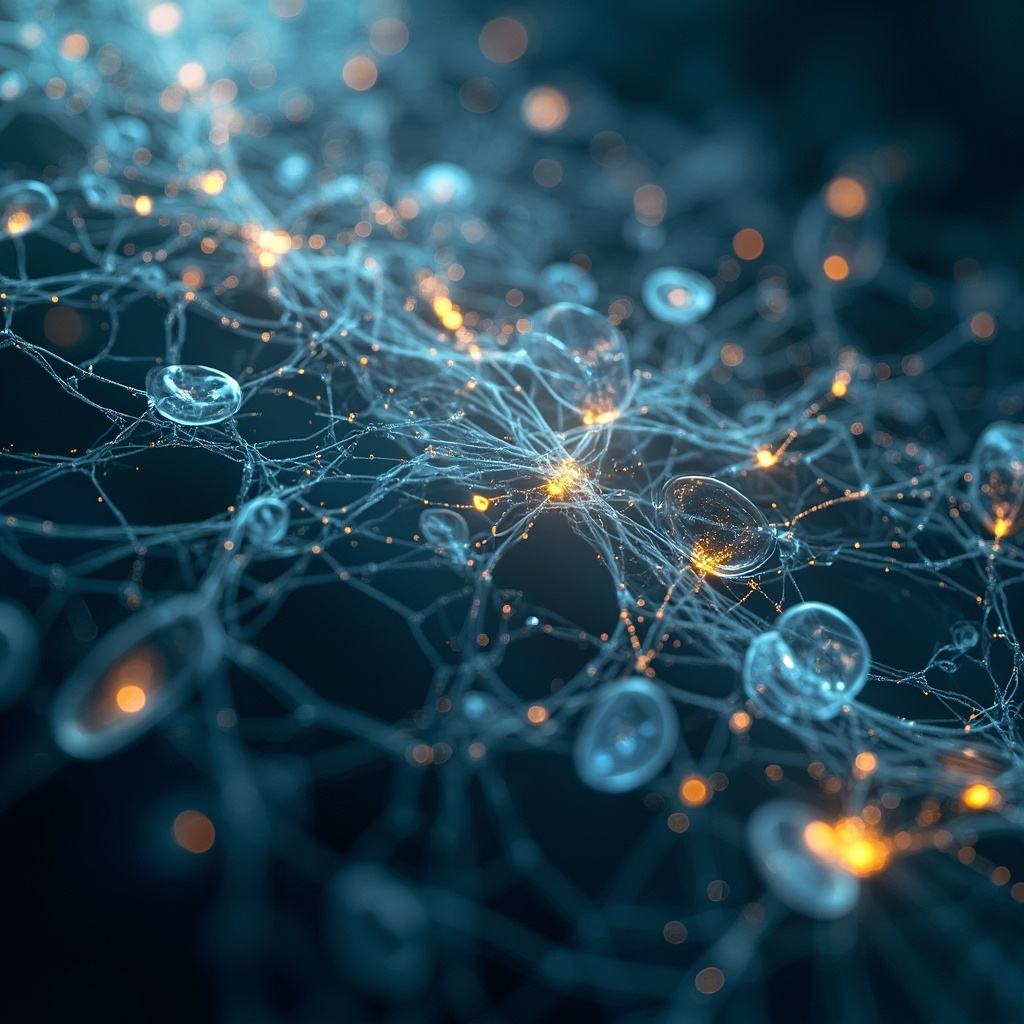 A serene, abstract visualization of a glowing, interconnected neural and cellular network, representing harmony and balance in shades of soft blue and gold.
