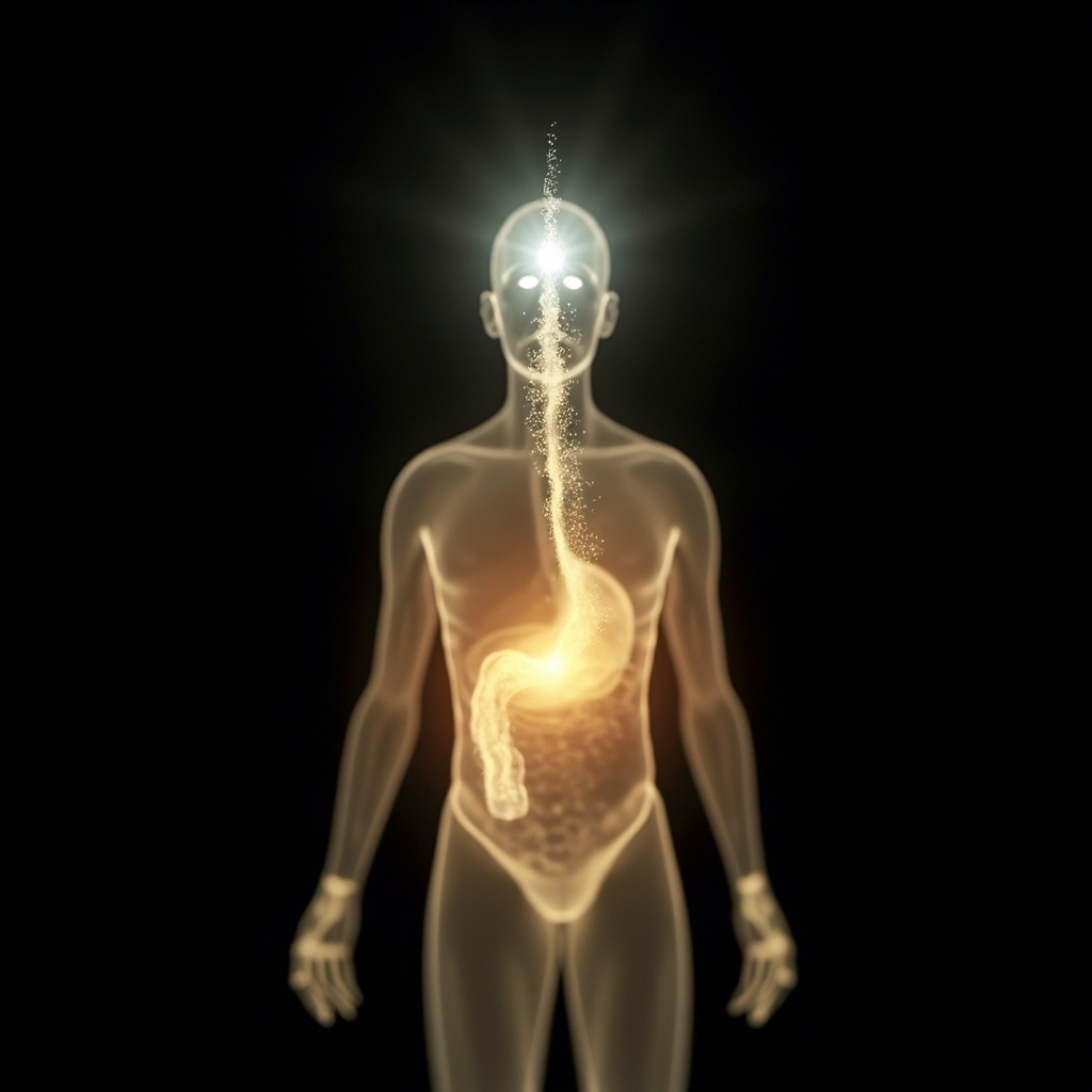 A serene, abstract representation of the human body showing a glowing connection between the digestive area and the eyes, emphasizing flow and light.