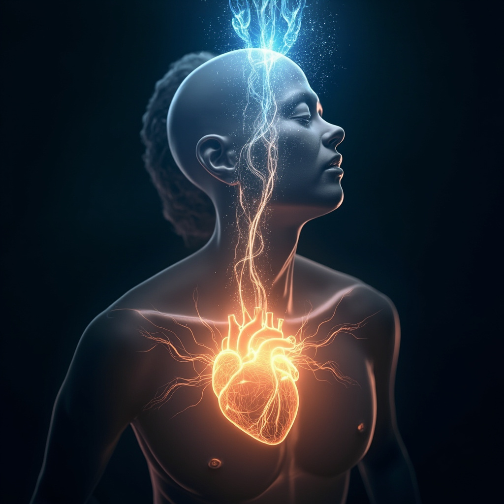 A high-quality, serene illustration showing a glowing, gentle representation of the human heart connected to a network of light that flows upward toward the eyes, symbolizing oxygenation and clarity.