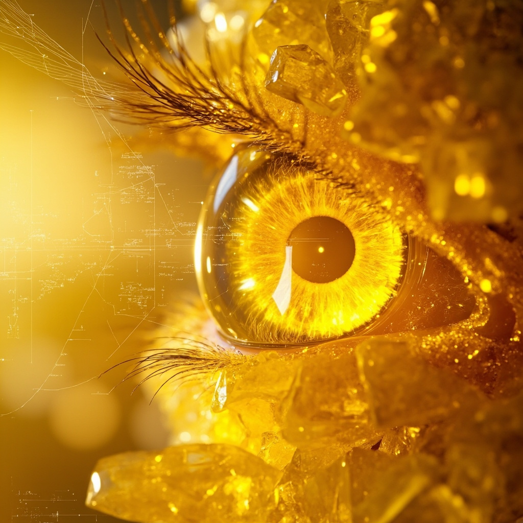 A high-quality, professional image showing a delicate, glowing crystalline structure representing sulfur, integrated with a soft, abstract digital representation of human eye anatomy and light frequencies.