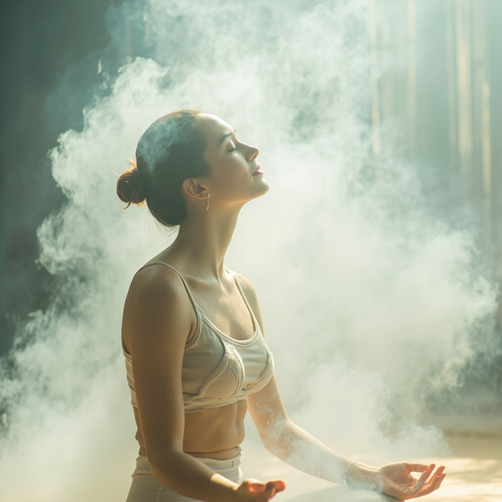 A high-quality, serene image showing a person practicing deep, mindful breathing in a soft, natural light, symbolizing the flow of oxygen and visual clarity.