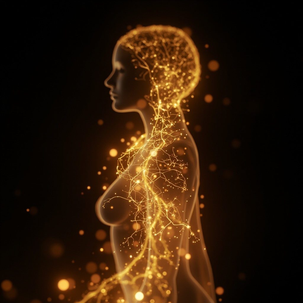 A serene, abstract visualization of glowing, interconnected golden light pathways within a human silhouette, representing hormonal flow and balance.