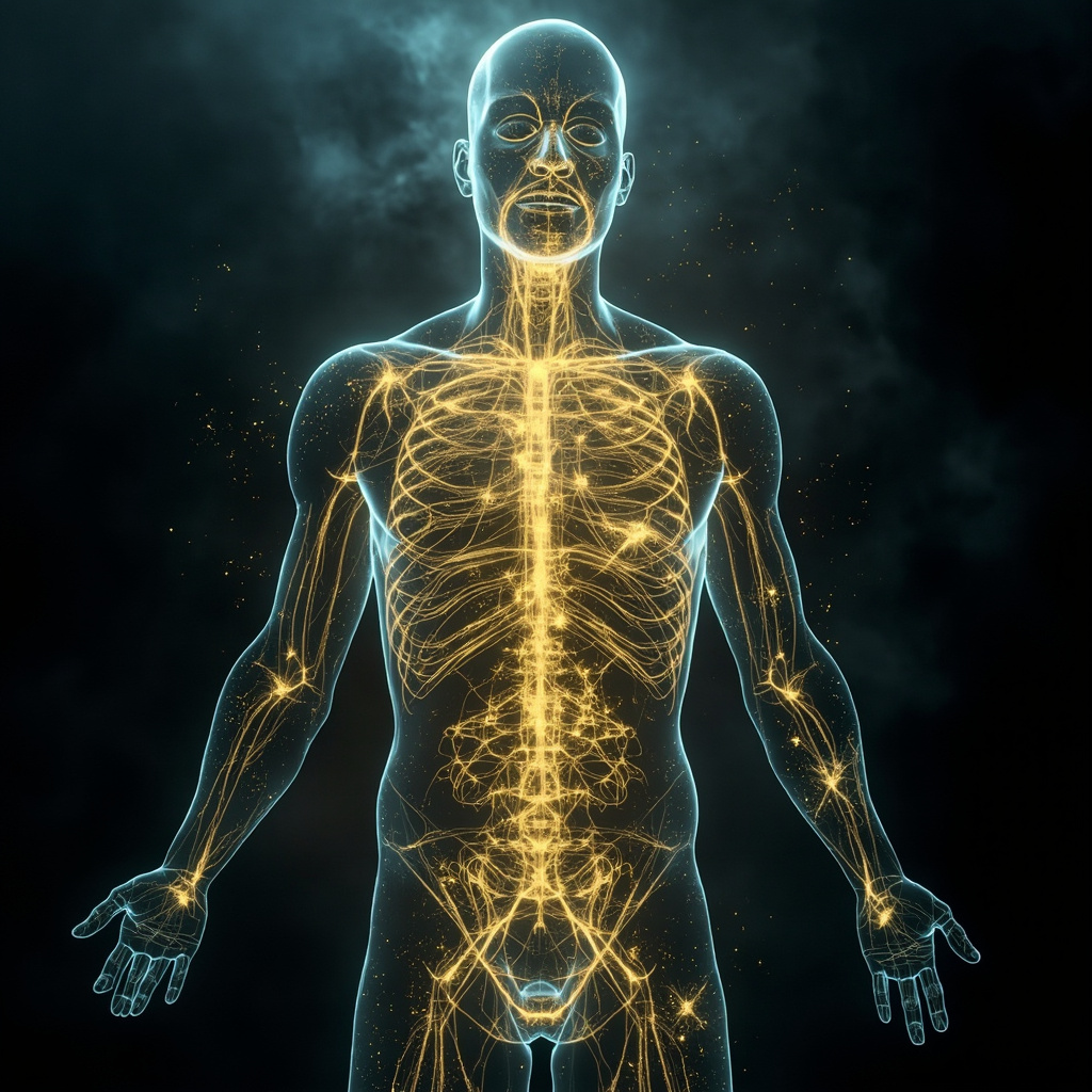 Human silhouette with glowing energy meridians disrupted by shadowy pathogen forms and emotional icons like fear and anxiety swirls, harmonized by golden sound wave frequencies flowing through body, serene blue and gold tones, abstract healing vibe