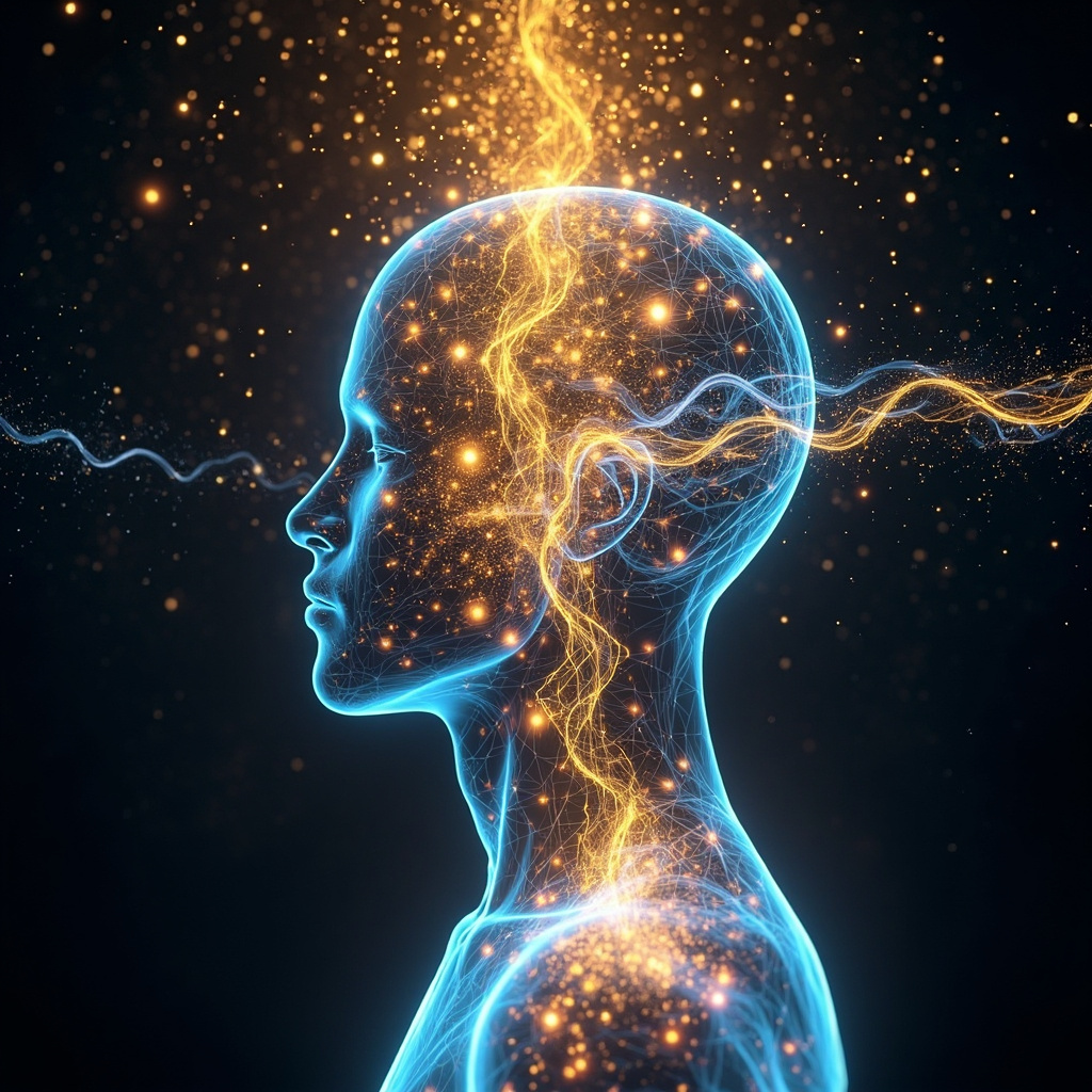 Vibrant illustration of glowing audio waves and harmonic frequencies combating shadowy pathogens and stress surges in a human energy field, restoring bright vital energy flow, medical yet ethereal style