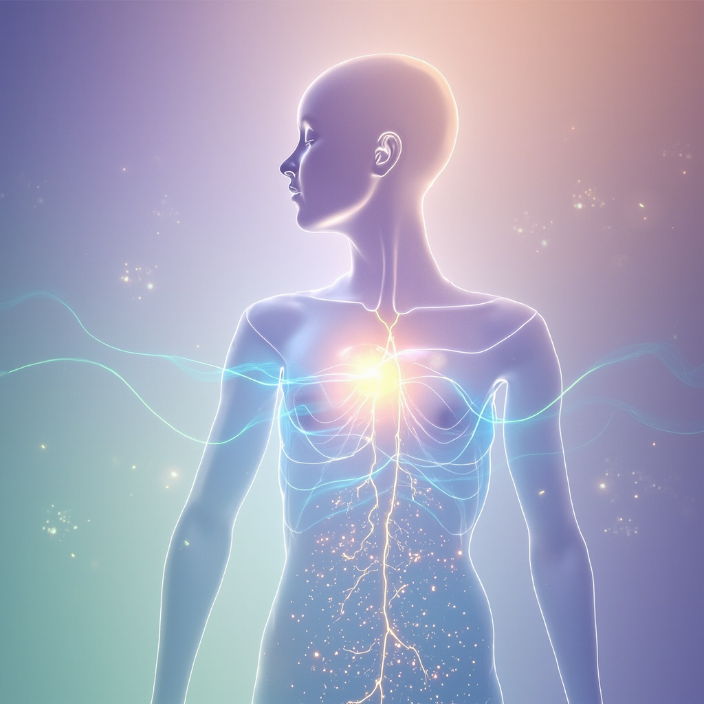 Serene digital art of glowing blue sound waves flowing through a human silhouette, harmonizing a radiant heart, calm skin, and relaxed nervous system, in soft pastel tones evoking emotional balance and healing frequencies.