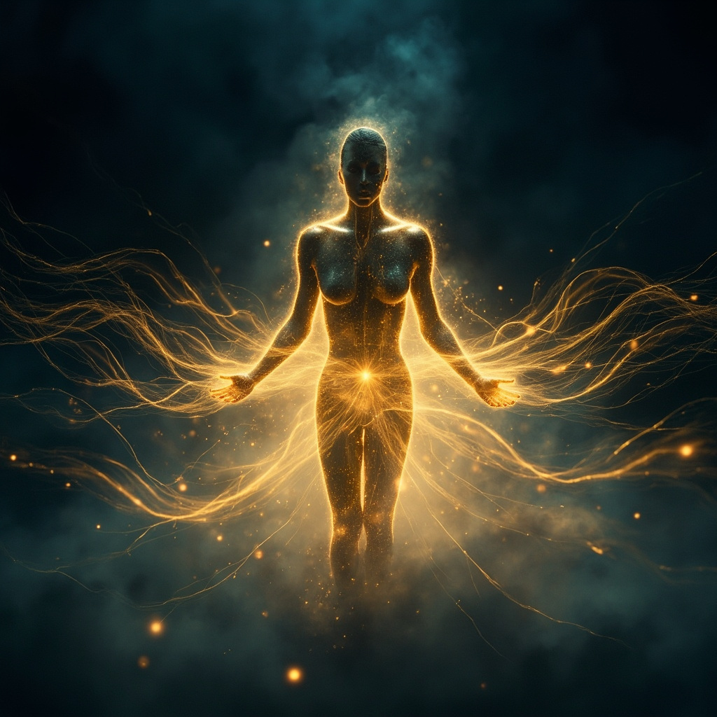 A serene, abstract visualization of glowing, interconnected golden light waves flowing through a human silhouette, set against a soft, calming deep blue background, representing emotional balance and internal harmony.