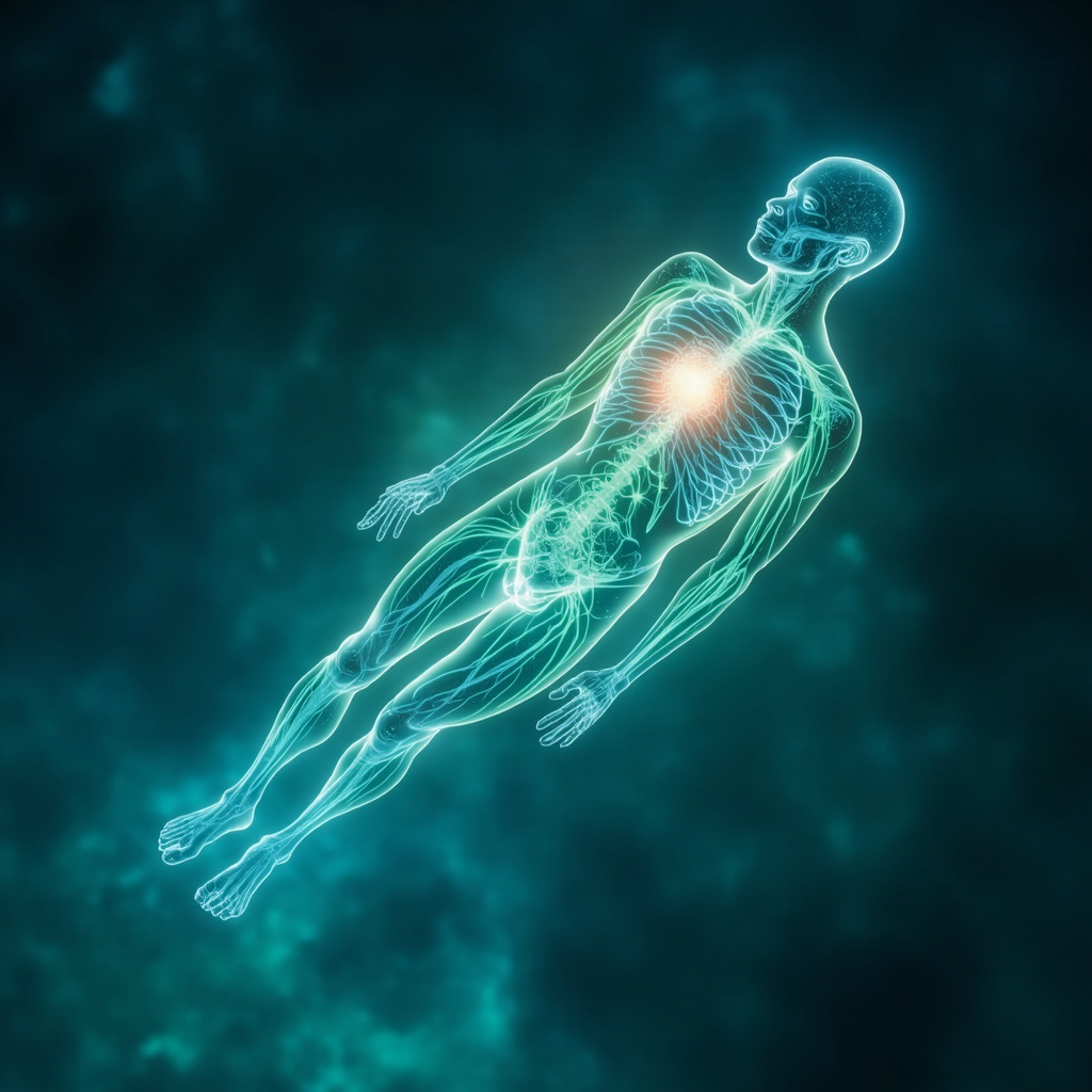 Serene human figure glowing with balanced bioelectric energy waves, recovering from fatigue with soft light auras around heart, nerves, and immune system, calming blues and greens, ethereal harmony.