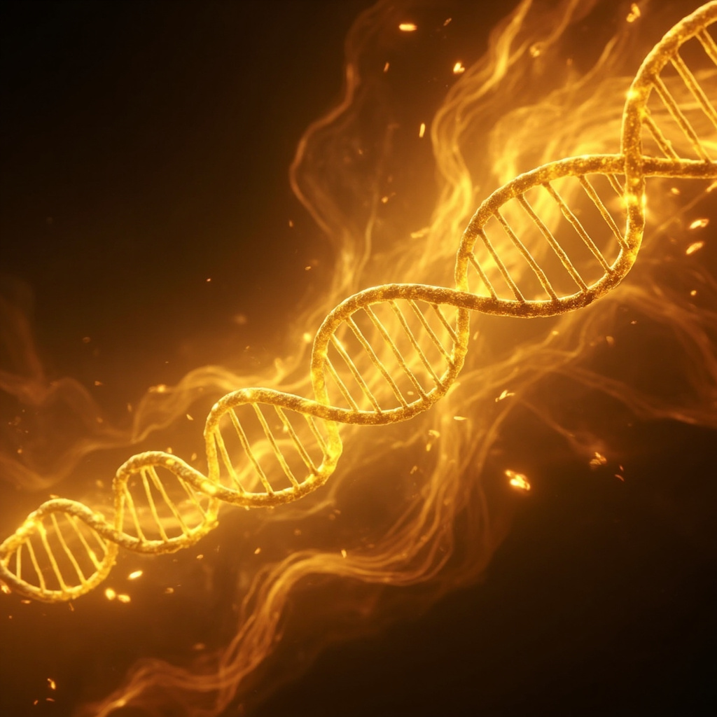A high-resolution, artistic representation of double-helix DNA strands glowing with soft, golden light, integrated into a flowing, ethereal energy field representing harmony and biological balance, cinematic lighting, ultra-detailed.