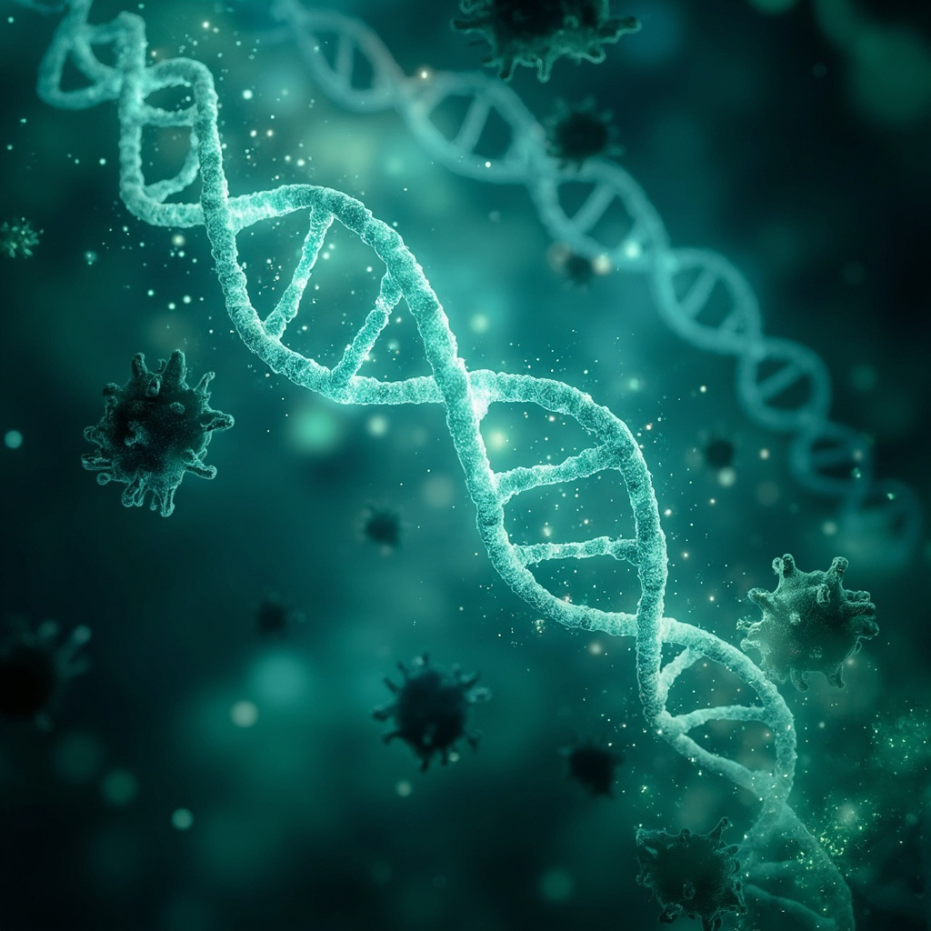 Dynamic illustration of glowing DNA helixes vibrating with bioresonance frequencies, repelling dark pathogen silhouettes, evoking genetic strength and energetic healing in a serene blue-green palette.