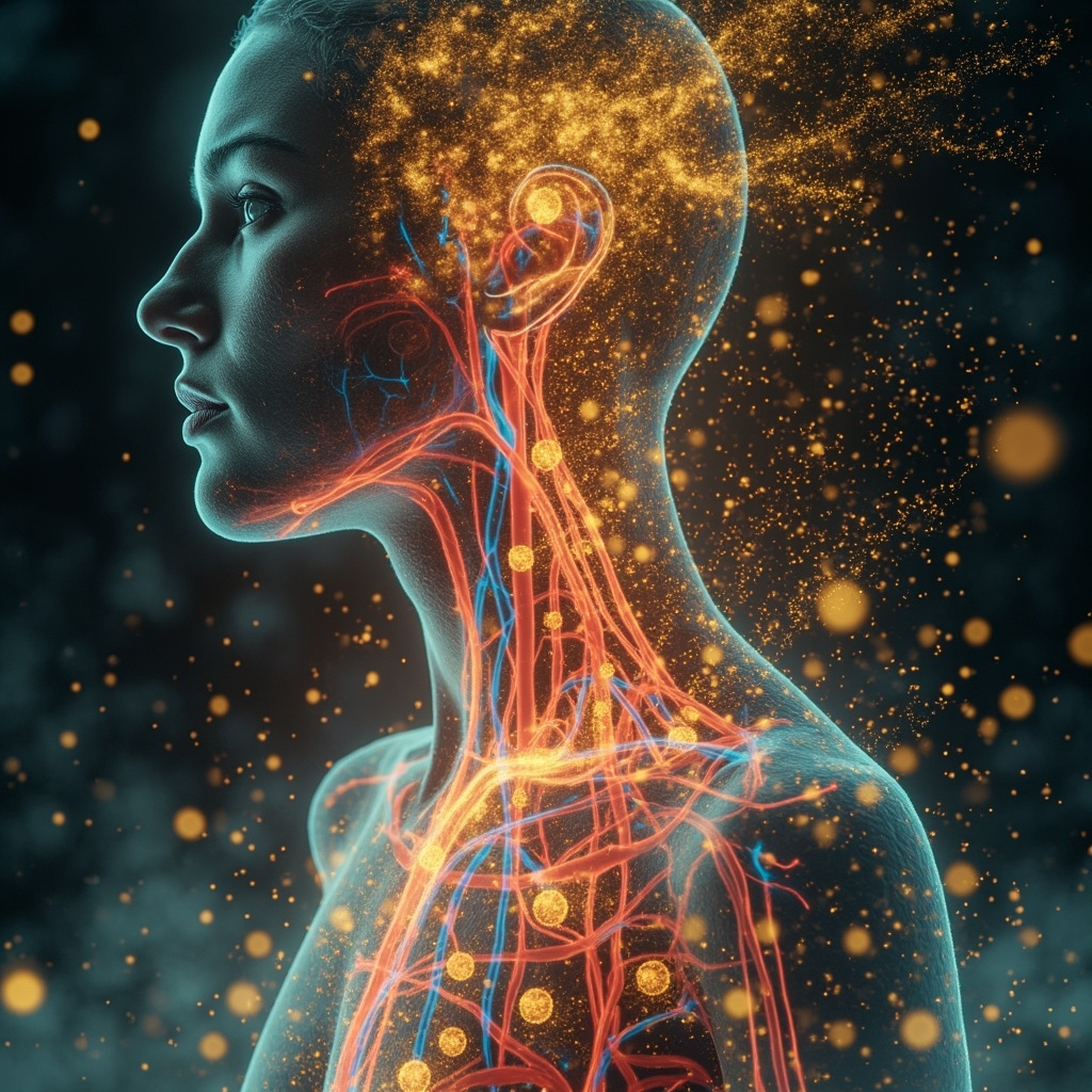 Abstract glowing molecules of hormones and neurotransmitters flowing through vibrant arteries and nerves in a human silhouette, radiating golden energy waves against a backdrop of winter snow and blooming pollen, symbolizing vitality restoration