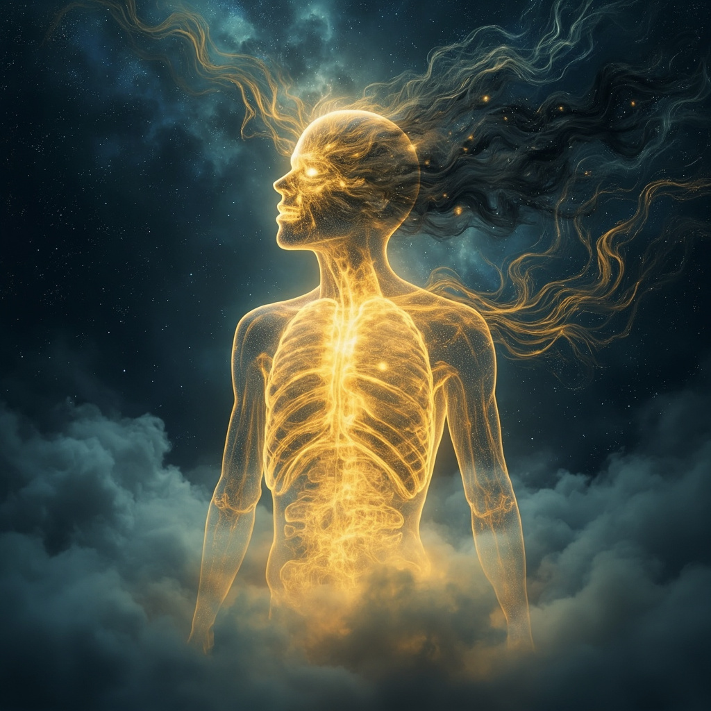 Ethereal silhouette breathing golden light from lungs, diaphragm, and nose, dissolving swirling dark fear shadows into harmony waves, spiritual aura glowing softly in a tranquil cosmic background