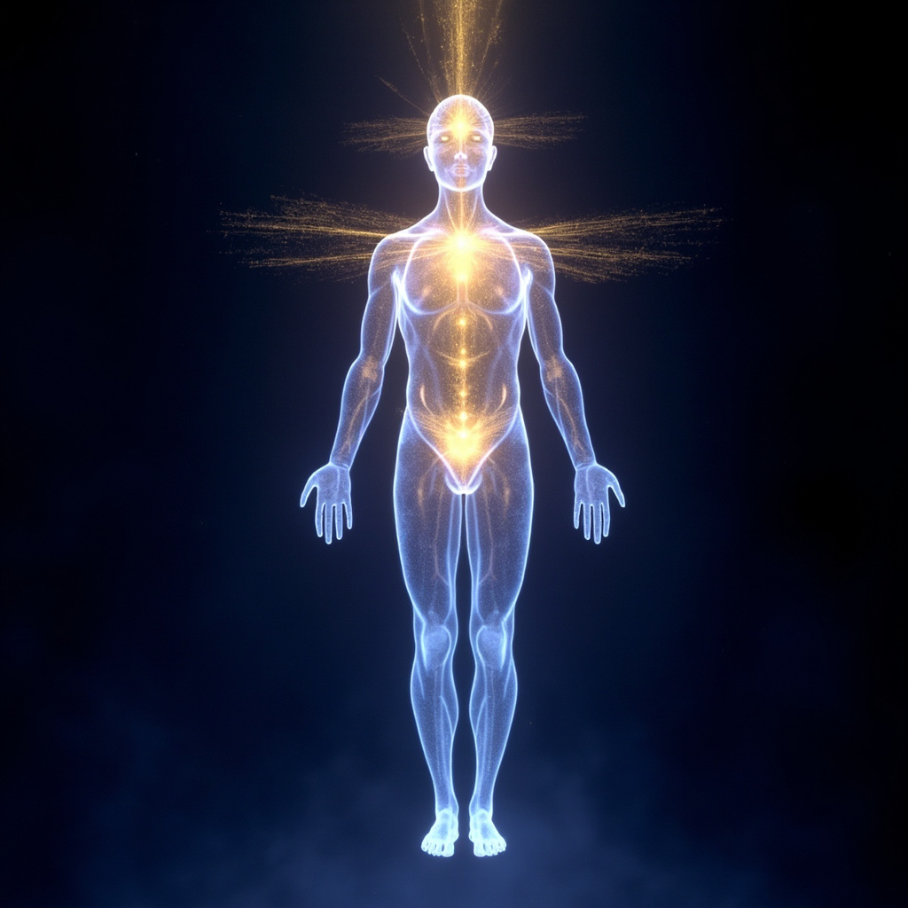 Ethereal human silhouette with glowing chakra points and frequency waves resonating from heart, brain, and sacrum, in soft indigo and gold tones, symbolizing spiritual body harmony and inner light awakening