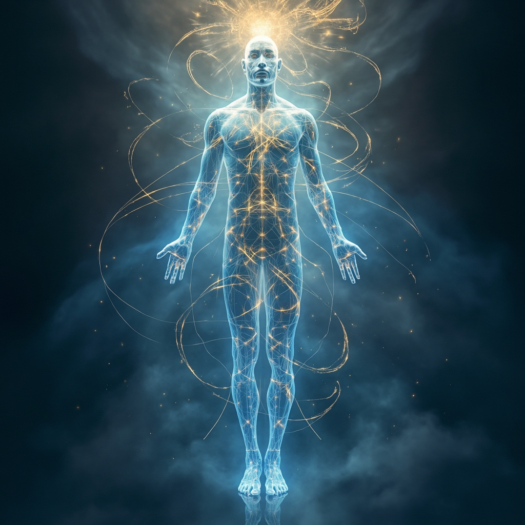 A serene, abstract visualization of human body energy fields glowing with soft, harmonious light, featuring gentle flowing geometric patterns in blue and gold, high resolution, peaceful atmosphere.