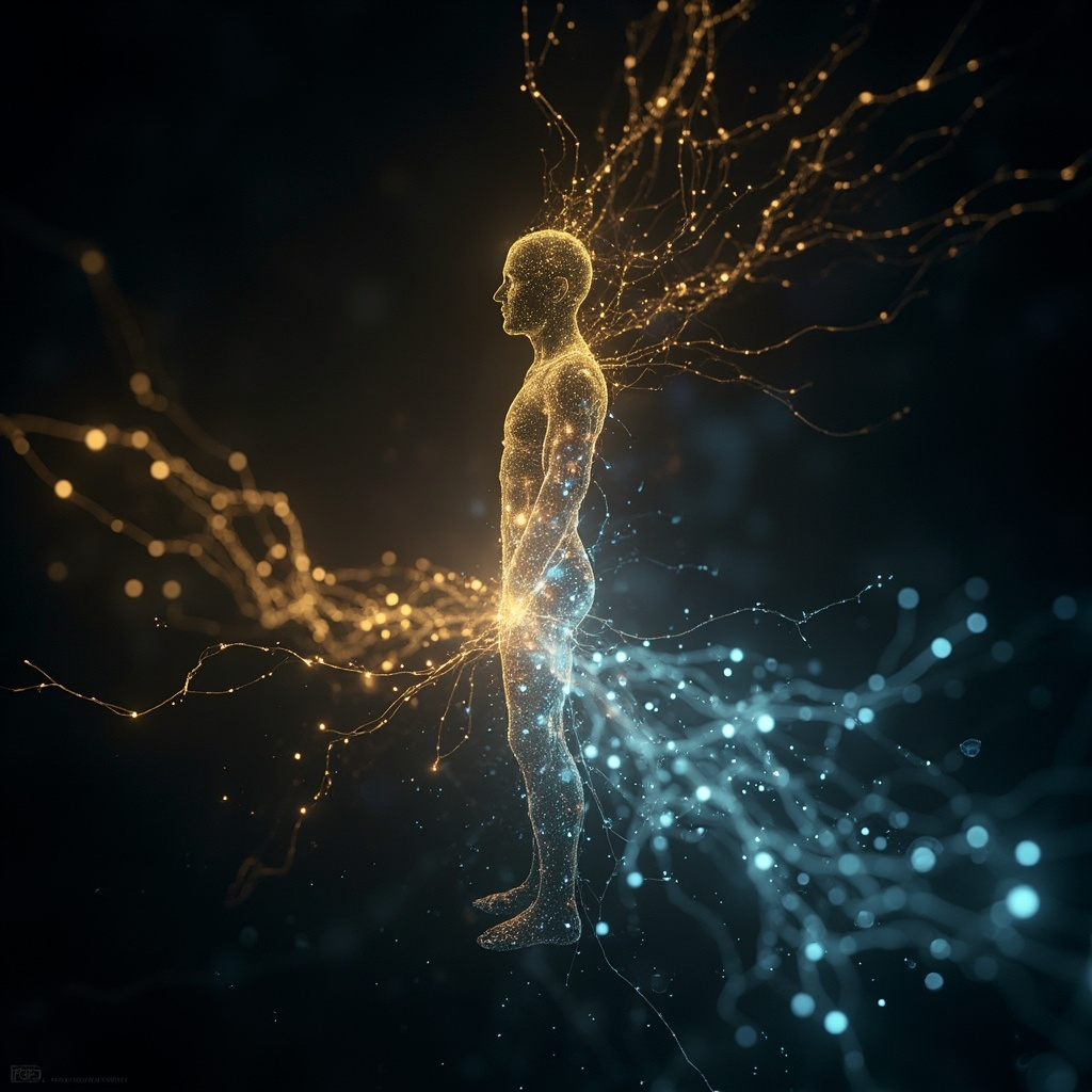 A serene, abstract visualization of neural pathways glowing with soft, harmonious light, transitioning into a calm, balanced human silhouette, cinematic lighting, 8k resolution.