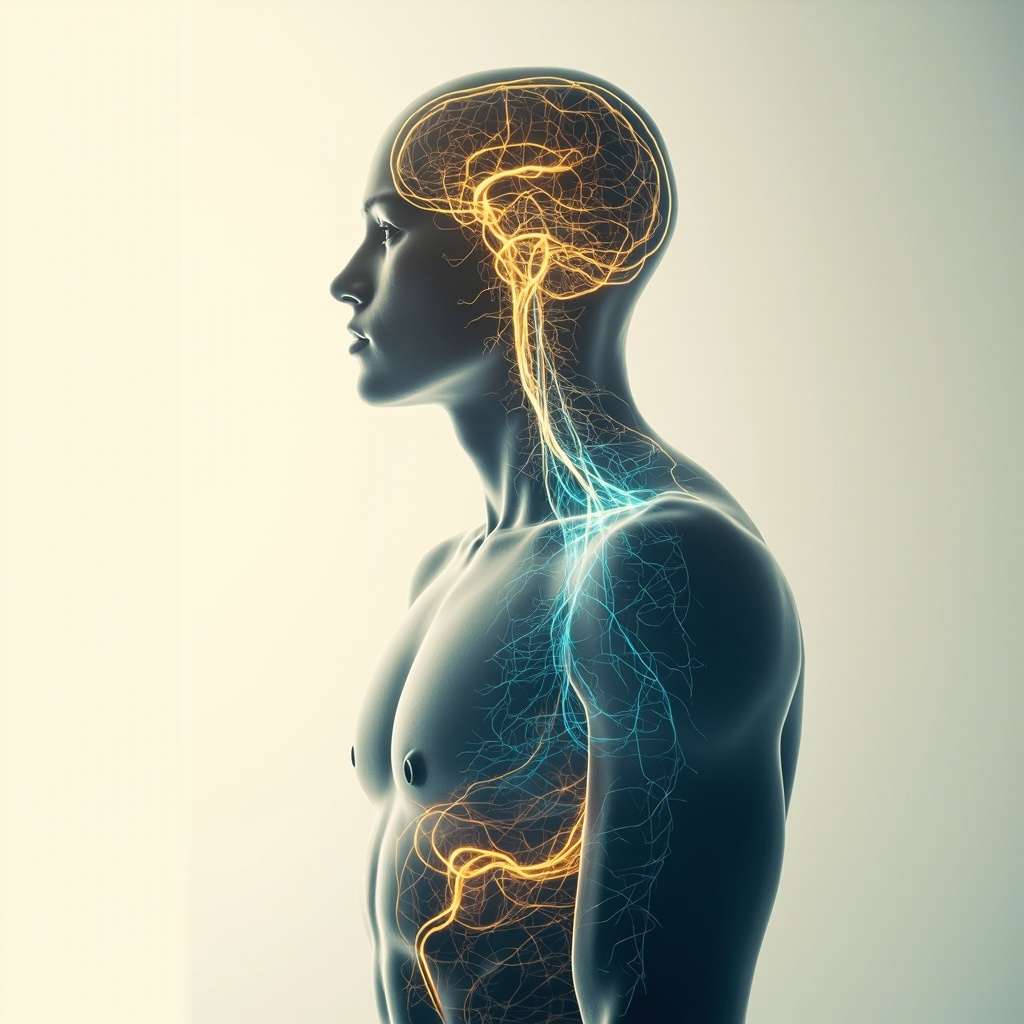 A high-quality, professional photograph showing a vibrant, healthy cross-section of a human silhouette with glowing, interconnected lines representing the gut and brain, symbolizing harmony and balance, soft natural lighting, minimalist and clean aesthetic.