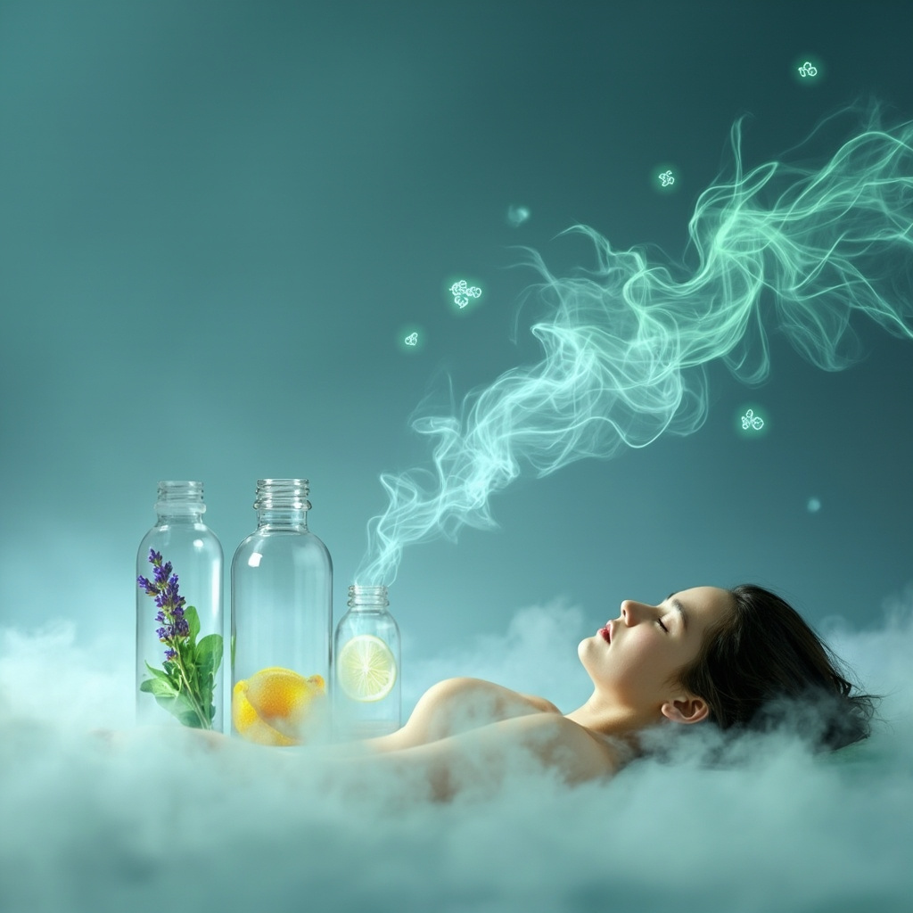 Serene essential oil bottles with lavender, lemon, and eucalyptus diffusing mist that envelops fading icons of fungi and parasites, transitioning to calm nerve pathways and a peaceful sleeper in soft green and blue tones, minimalist wellness style