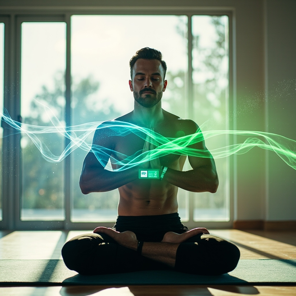 Athlete in yoga pose monitoring heart rate on wrist device, glowing blue stress waves calming to green recovery energy flows, fitness gym with serene light